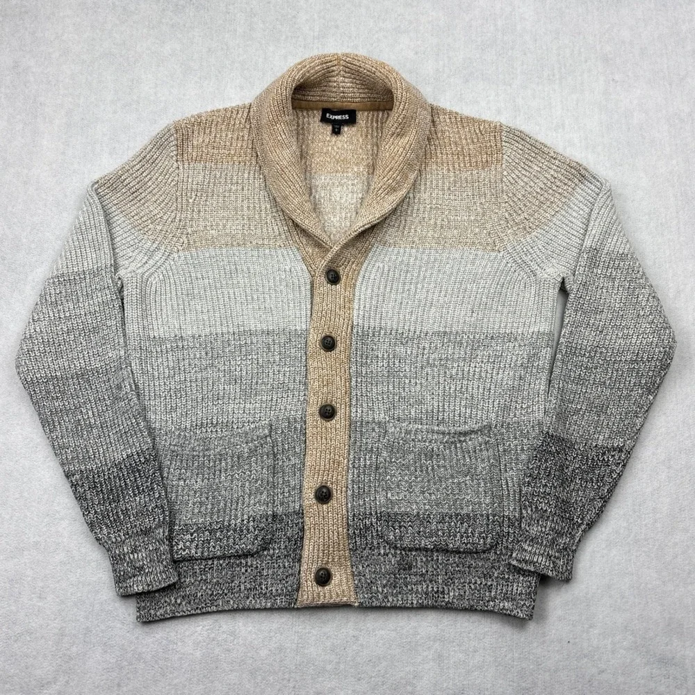 Express Cardigan Sweater Mens Large Ombre Tan Grey Heavy Cotton Knit Shawl L